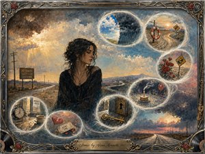 A contemplative woman stands beside a lonely highway beneath dramatic, shifting skies, surrounded by translucent memory bubbles depicting missed moments, storms, roses, celebrations, keys, and broken promises. Warm golds, stormy blues, and muted earth tones blend in painterly textures, framed by ornate metallic filigree, roses, records, and musical details.