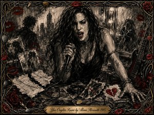 A fierce woman grips a microphone in a shadowy backstage room, surrounded by torn letters, cracked memories, roses, and scattered musical fragments. Deep feathered charcoal creates a raw, confrontational mood, punctuated by crimson lips and subtle gold accents. Dramatic lighting and an ornate music-themed frame intensify the wounded, defiant energy.