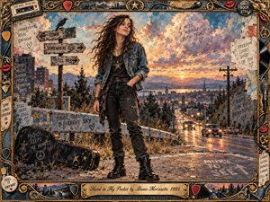 A free-spirited woman in denim stands above a glowing city at sunset, one hand tucked casually in her pocket. Warm gold, blue, and violet tones create a reflective, resilient mood. Painterly textures, graffiti-like phrases, road signs, and musical memorabilia frame the scene, blending youthful rebellion, vulnerability, humor, and self-acceptance.