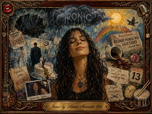 A rain-soaked woman stands serenely at the center of a surreal painted collage, surrounded by storm clouds, sunshine, a rainbow, spilled coffee, wedding imagery, tickets, clocks, and unlucky symbols. Warm golds, deep browns, slate blues, and dramatic highlights create a bittersweet, ironic mood within an ornate music-themed frame.