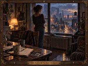 A solitary woman stands beside a rain-streaked apartment window, gazing across a glowing city at dusk. Warm amber lamplight contrasts with cool blue-gray streets, creating a mood of longing and reflection. Painterly oil textures, worn furnishings, journals, mugs, flowers, and her faint window reflection deepen the intimate, nostalgic atmosphere.