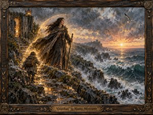 A steadfast guardian stands on a storm-lashed coastal path, watching over a smaller traveler climbing toward safety. Golden dawn breaks through slate-gray clouds, illuminating wet rocks, crashing teal waves, seabirds, and ancient ruins. Rich oil-and-wax textures, flowing garments, warm amber light, and an ornate dark wood-and-bronze frame create a protective, hopeful atmosphere.