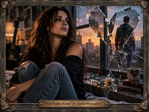 A young woman sits tensely beside a rain-streaked window, her expression mixing hurt, anger, and resolve. Warm amber interior light contrasts with the cool storm outside, where a departing figure appears through shattered, heart-shaped glass. Photorealistic detail, worn textures, scattered shards, flowers, books, and guitar create a raw 1990s emotional atmosphere.