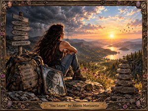 A solitary woman sits on a rocky overlook above a winding river and mountain valley, facing a radiant sunrise beyond retreating storm clouds. Warm golds contrast with cool grays, creating a hopeful, reflective mood. Detailed realism, wildflowers, weathered objects, symbolic stones, and an ornate musical frame emphasize resilience, growth, and hard-earned wisdom.