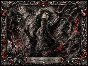 A wild rock vocalist surges forward through a storm of deep charcoal textures, tangled shadows, and crimson streaks, gripping a microphone amid speakers, stage lights, and electric chaos. An ornate chrome-and-gold frame with red lips, roses, guitar details, and musical hardware surrounds the intense, rebellious composition.