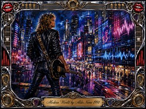 A lone leather-clad guitarist overlooks a rain-soaked neon metropolis, surrounded by glowing skyscrapers, rushing traffic, and shadowy crowds. Electric blues, magentas, reds, chrome, and gold create a restless futuristic mood. Expressive acrylic textures and vivid reflections energize the scene, framed by ornate musical hardware, red lips, and engraved detailing.