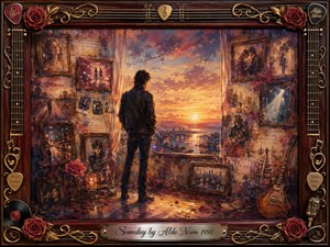 A solitary rocker stands before a glowing sunset cityscape, surrounded by framed memories of love, music, and distant journeys. Warm amber, crimson, and deep blue tones create a wistful, hopeful mood. Rich painterly textures blend oil, acrylic, and watercolor effects, while roses, guitars, records, and ornate gold details frame the nostalgic scene.