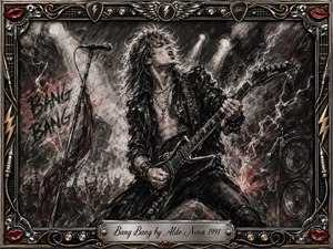 A fierce rock guitarist commands a smoky concert stage, captured in deep feathered charcoal with crimson sparks and stark white spotlights. Dynamic diagonals, swirling haze, speakers, graffiti, and raised crowd silhouettes amplify the explosive mood. An ornate chrome-and-gold musical frame surrounds the scene, finished with a centered engraved title plate.