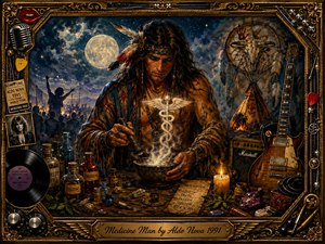 A brooding medicine man works over a glowing bowl beneath a moonlit, stormy sky, surrounded by herbs, bottles, candles, crystals, guitars, and rock memorabilia. Warm amber highlights contrast with deep blues and black shadows, creating a mystical, theatrical mood. Ornate gold framing and richly textured oil-paint detail complete the dramatic composition.