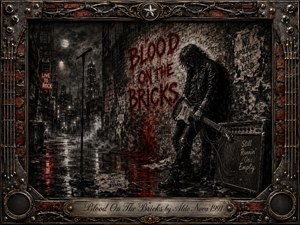 A brooding guitarist stands in a rain-soaked brick alley beneath a smoky moon, surrounded by torn posters, a microphone, cables, and a battered amplifier. Deep charcoal blacks and grays contrast with blood-red reflections and graffiti. Ornate rusted metal, brick, strings, and gold details frame the gritty, dramatic rock scene.