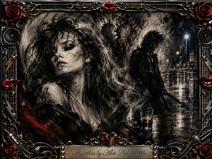 A dramatic charcoal-style portrait shows a glamorous woman in the foreground while a shadowed guitarist walks through a rain-soaked city behind her. Deep blacks, smoky grays, crimson roses, lips, and fractured-heart accents create a brooding, heartbroken mood. Ornate chrome-and-gold rock memorabilia frames the scene, finished with an engraved title plate.