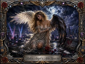 A sorrowful fallen angel kneels on a rain-slick rooftop above a glowing midnight city, one wing luminous and the other darkened. Moonlight pierces storm clouds while violet and blue beams rise below. Crimson roses, scattered feathers, and ornate chrome-and-gold framing enrich the dramatic, romantic oil-painted rock aesthetic.