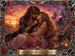 A passionate bohemian couple embraces in a flower-filled meadow at sunset, surrounded by drifting rose petals, glowing musical notes, a resting guitar, and distant stage lights. Warm gold, crimson, pink, and violet tones create a tender, nostalgic mood, while painterly textures and an ornate chrome-and-gold musical frame add romantic rock elegance.