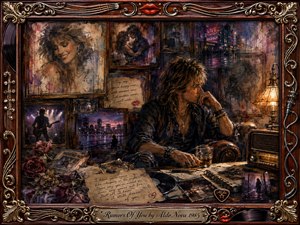 A brooding rocker sits amid faded photographs, roses, handwritten notes, vinyl records, and backstage mementos, surrounded by nostalgic portraits and rainy city memories. Warm amber lamplight contrasts with deep burgundy, charcoal, and midnight blue tones. Painterly oil, acrylic, and watercolor textures create a romantic, haunted collage framed in ornate rosewood and gold.