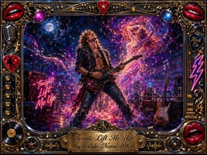 A triumphant rock guitarist performs on a moonlit rooftop as neon music trails and a luminous dancing muse swirl above the city. Electric blues, magentas, violets, and golds create an ecstatic, dreamlike glow. Rich oil-painted textures, stage fog, guitars, amplifiers, and an ornate chrome-and-gold musical frame amplify the glamorous 1980s atmosphere.