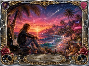 A lone rocker sits above a glowing tropical coastline at sunset, gazing toward a neon-lit paradise beneath palms and stars. Fiery pink, violet, gold, and turquoise tones create a dreamy, romantic mood. Rich painted textures, shimmering waves, musical notes, roses, guitars, records, chrome, and ornate gold framing evoke nostalgic rock glamour.