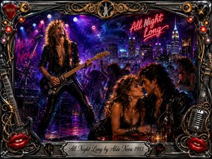 A neon-lit 1980s rock night unfolds around a charismatic guitarist, a passionate couple, and a lively dancing crowd beneath a glowing city skyline. Deep blues, magentas, crimson, and gold blaze through smoky stage light. Rich oil-and-acrylic textures, chrome ornament, guitar motifs, red lips, and an engraved title plate create a dramatic, seductive atmosphere.
