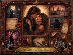 A passionate couple embraces at the center of a nostalgic rock-inspired collage, surrounded by framed memories, roses, handwritten notes, vinyl records, guitars, and glowing city scenes. Warm amber, burgundy, gold, and midnight blue tones blend under soft romantic lighting, creating a richly textured, painterly atmosphere of enduring love and cherished memories.