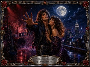 A passionate rock singer reaches toward the night as his lover clings close on a moonlit rooftop stage above a glowing city. Deep blues, crimson haze, silver moonlight, and warm highlights create romantic urgency. Rich oil-paint textures, instruments, fog, and an ornate chrome-and-gold musical frame complete the dramatic 1980s atmosphere.