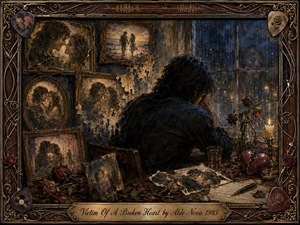 A solitary man sits beside a rain-streaked window, surrounded by fading portraits of a lost romance, wilted roses, torn photographs, candles, and a shattered heart. Deep blue shadows contrast with warm amber light, creating a mournful, nostalgic atmosphere. Rich oil-paint textures and ornate musical framing intensify the emotional composition.