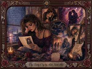 A tearful woman sits beside a rain-streaked window, reading a fading love letter while framed memories of romance surround her. Burgundy, sepia, violet, gold, and cool blue tones create a nostalgic, heartbroken mood. Warm candlelight and soft stage glows illuminate the richly painted collage, electric guitar, roses, and ornate rosewood frame.