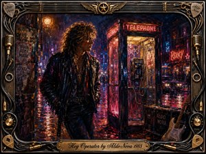 A lone leather-clad rocker stands beside a glowing red telephone booth on a rain-soaked neon city street, evoking restless longing and late-night urgency. Rich reds, blues, golds, and reflected light create a dramatic oil-painted atmosphere. An ornate musical frame surrounds the scene, with guitars, microphones, strings, knobs, and an engraved title plate.