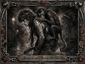 A weary rock musician bends beneath a sinister monkey clinging to his back in a smoky backstage alley, symbolizing obsession and burden. Deep charcoal blacks, dusty grays, metallic highlights, and faint red embers create a gritty mood. An ornate chrome-and-gold frame features chains, guitar strings, red lips, knobs, and an engraved title plate.