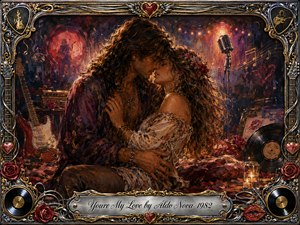 A tender bohemian couple embraces beneath warm stage lights in a dreamy rock-inspired setting filled with guitars, roses, vinyl records, and a vintage microphone. Deep reds, golds, purples, and midnight blues create a passionate nostalgic mood. Painterly oil, acrylic, and watercolor textures glow within an ornate chrome-and-gold musical frame.
