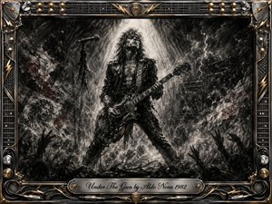 A lone rock guitarist commands a storm-lashed stage beneath a harsh white spotlight, surrounded by lightning, shattered textures, raised hands, and towering amplifiers. Deep charcoal blacks, smoky grays, and metallic highlights create a tense, defiant mood. An ornate guitar-string frame and engraved title plate complete the dramatic hand-rendered composition.
