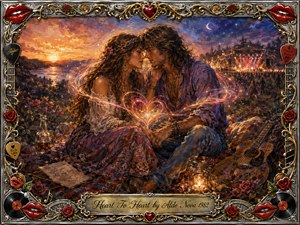 A romantic hippie couple sits close beneath a glowing sunset and twilight festival sky, sharing an intimate heart-to-heart moment. Warm amber, crimson, violet, and deep blue tones surround swirling heart-shaped light. Rich oil, acrylic, and watercolor textures blend with roses, an acoustic guitar, lantern glow, and an ornate chrome-and-gold musical frame.