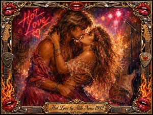A passionate rock-and-roll couple embraces beneath fiery stage lights, surrounded by glowing neon, guitars, microphones, flames, and ornate gold detailing. Rich reds, amber, black, and bronze create a seductive, energetic mood. The painterly composition blends romantic warmth with 1980s concert glamour, framed by lips, strings, and musical ornamentation.