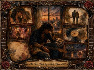 A solitary rock guitarist sits brooding beside a dusk-lit window, surrounded by framed memories of love, concerts, rain-soaked streets, and a worn vinyl record. Rich sepia, amber, burgundy, and smoky blue tones create a nostalgic mood, while painterly textures, ornate gold details, roses, guitar strings, and fading paper deepen the sense of regret and lost time.