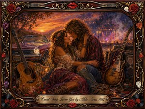 A romantic couple embraces beside a vintage convertible at sunset, surrounded by guitars, roses, candles, and distant concert lights. Warm amber, crimson, and violet tones create a passionate, nostalgic mood. Rich painterly textures blend oil, acrylic, and watercolor effects, framed by ornate rosewood, gold inlay, records, strings, and jeweled details.
