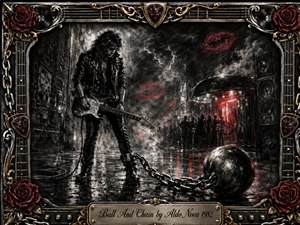 A brooding rock guitarist stands in a rain-soaked city alley, chained to a massive iron ball beneath flashes of lightning and smoky red neon. Deep charcoal textures, black leather, chrome, roses, guitar strings, and ornate gold details create a dramatic 1980s hard-rock mood, framed by an elaborate metallic border and engraved title plate.