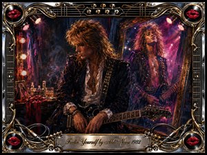A brooding glam-rock guitarist sits in a shadowy dressing room, confronting his vivid reflection in an ornate mirror. Deep blacks, crimson, violet, and burnished gold glow beneath theatrical stage lights. Rich painterly textures, chrome guitar details, cables, records, red lips, and an engraved frame create a dramatic, introspective 1980s atmosphere.