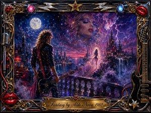 A lone guitarist overlooks a luminous fantasy city where moonlight, violet storms, waterfalls, and a glowing castle merge with the dreamlike face of a mysterious woman. Rich blues, purples, crimson, and gold create a dramatic nocturnal atmosphere, while ornate chrome, musical instruments, red lips, and jeweled details frame the romantic rock-inspired painting.