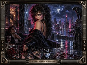 A glamorous femme fatale dominates a rain-soaked rooftop lounge, her piercing gaze framed by shattered mirrors, spilled wine, and a distant neon skyline. Midnight blues, black, magenta, and chrome create a dangerous, seductive mood. Dramatic moonlight, glossy reflections, and textured 1980s oil-painting style enhance the theatrical rock atmosphere.