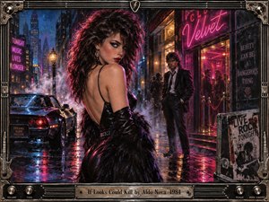 A glamorous woman in black dominates a rain-soaked neon city street, casting a dangerous backward glance as a shadowy man watches nearby. Electric pink, blue, and amber reflections shimmer across wet pavement, sports-car chrome, and nightclub glass. The richly detailed digital painting evokes seductive 1980s rock noir, framed with metallic guitar-inspired ornamentation.