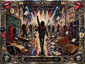 A rebellious school hallway erupts into a chaotic rock celebration as students charge toward a blazing stage beneath dramatic spotlights. Broken desks, scattered papers, lockers, graffiti, confetti, and raised hands intensify the energetic scene. Bold reds, blues, golds, and blacks create a gritty painted style, framed with ornate rock-and-roll details.