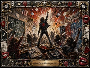 A rebellious classroom erupts into rock-and-roll chaos as a leather-clad figure stands triumphantly above overturned desks and cheering students. Explosive red, orange, black, and white acrylic textures, flying papers, lockers, graffiti, and dramatic backlighting create frantic energy. An ornate chrome-and-gold music-themed frame surrounds the vivid scene.