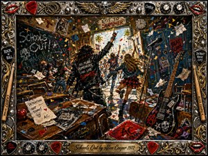 A rebellious classroom explodes into summer freedom as students race toward brilliant daylight amid flying papers, confetti, graffiti, overturned desks, and rock gear. Bold acrylic textures, hot reds, electric blues, black, chrome, and gold create wild energy. An ornate music-themed metal frame surrounds the scene, crowned by an engraved title plate.