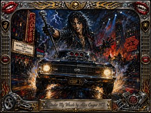 A roaring black muscle car charges through a rain-slicked city beneath a wild, theatrical rock figure framed by lightning, flames, neon signs, and stage lights. Rich blacks, chrome, red, blue, and fiery orange dominate the acrylic-style scene. An ornate metallic border with lips, skulls, flames, and engine details completes the rebellious mood.