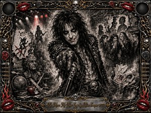 A sinister glam-rock figure dominates a smoky schoolyard stage, leaning forward with a wicked grin amid torn papers, gossiping students, skulls, and rebellious debris. Deep charcoal blacks and silvery grays contrast with crimson lips and lights. Dramatic spotlights sharpen the feathered textures, while an ornate chrome-and-gold rock-themed frame intensifies the theatrical menace.
