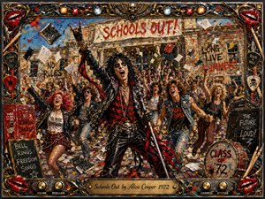 A rebellious rock spectacle erupts outside a battered school, with Alice Cooper commanding a jubilant crowd amid flying papers, confetti, graffiti, and broken classroom symbols. Fiery reds, blacks, golds, and electric highlights create a chaotic celebratory mood. Detailed painterly textures, dramatic lighting, ornate musical framing, and a brass title plate complete the scene.