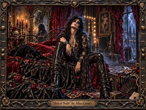 A brooding glam-rock figure sprawls across a black satin bed in an opulent Gothic chamber filled with crimson velvet, roses, candles, mirrors, skulls, and storm-lit windows. Warm amber flames clash with cold blue lightning, creating theatrical tension. Intricate wrought-metal framing, leather textures, scattered jewelry, and decadent details heighten the dark, seductive atmosphere.