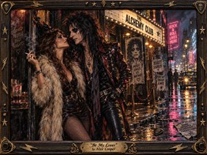 A glamorous couple shares a charged, intimate moment outside a rain-soaked 1970s rock club, framed by neon reflections, smoky shadows, posters, and a waiting taxi. Deep blacks, crimson, gold, pink, and teal glow under dramatic marquee light. Textured painterly surfaces, ornate brass framing, and gritty details create seductive rock-and-roll tension.