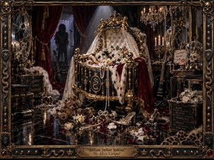A decadent gothic nursery glows with candlelight, centered on an ornate gold cradle holding a porcelain-faced figure among roses, pearls, velvet, and skulls. Deep crimson curtains, black marble, shattered mirrors, guitars, and scattered luxury objects create a theatrical mood of corrupted innocence, excess, menace, and glamorous decay.