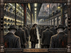 A lone, weathered figure turns against a relentless procession of identical men inside a grim industrial city. Rusted metal, rain-slick pavement, smoky towers, and harsh fluorescent light create a dystopian mood. Muted charcoal, bronze, and amber tones enhance the handcrafted, painterly texture, while the mechanical frame reinforces themes of conformity and isolation.