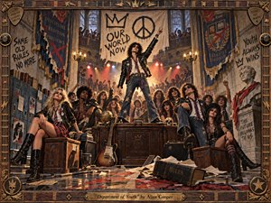 A rebellious rock figure stands triumphantly atop a battered school desk amid a crowded, decaying academic hall. Leather-clad youths, torn banners, scattered books, guitars, and defaced symbols create an anarchic 1970s atmosphere. Warm amber stage lights cut through smoky shadows, while distressed wood, brass, denim, and plaster textures give the scene gritty theatrical realism.