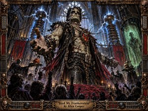 A towering stitched rock monster dominates a gothic cathedral laboratory, reaching toward a frenzied crowd beneath crackling blue electrical coils. Cold steel, black leather, crimson banners, and sickly green glass create a sinister theatrical palette. Intricate chains, skulls, candles, scars, and industrial hardware give the scene a dark, handcrafted heavy-metal grandeur.